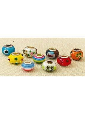 Lot of 9 Colorful Murano Lampwork Glass 925 Sterling Bracelet Beads Charms